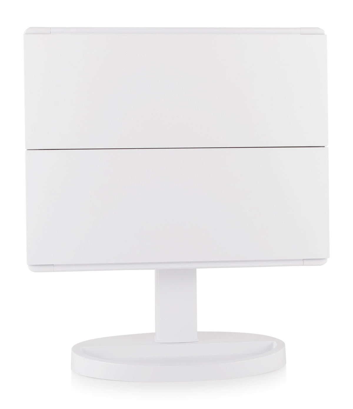 Full size LED make up mirror with trifold doors closed and tilted sideways at 90 degree angle 