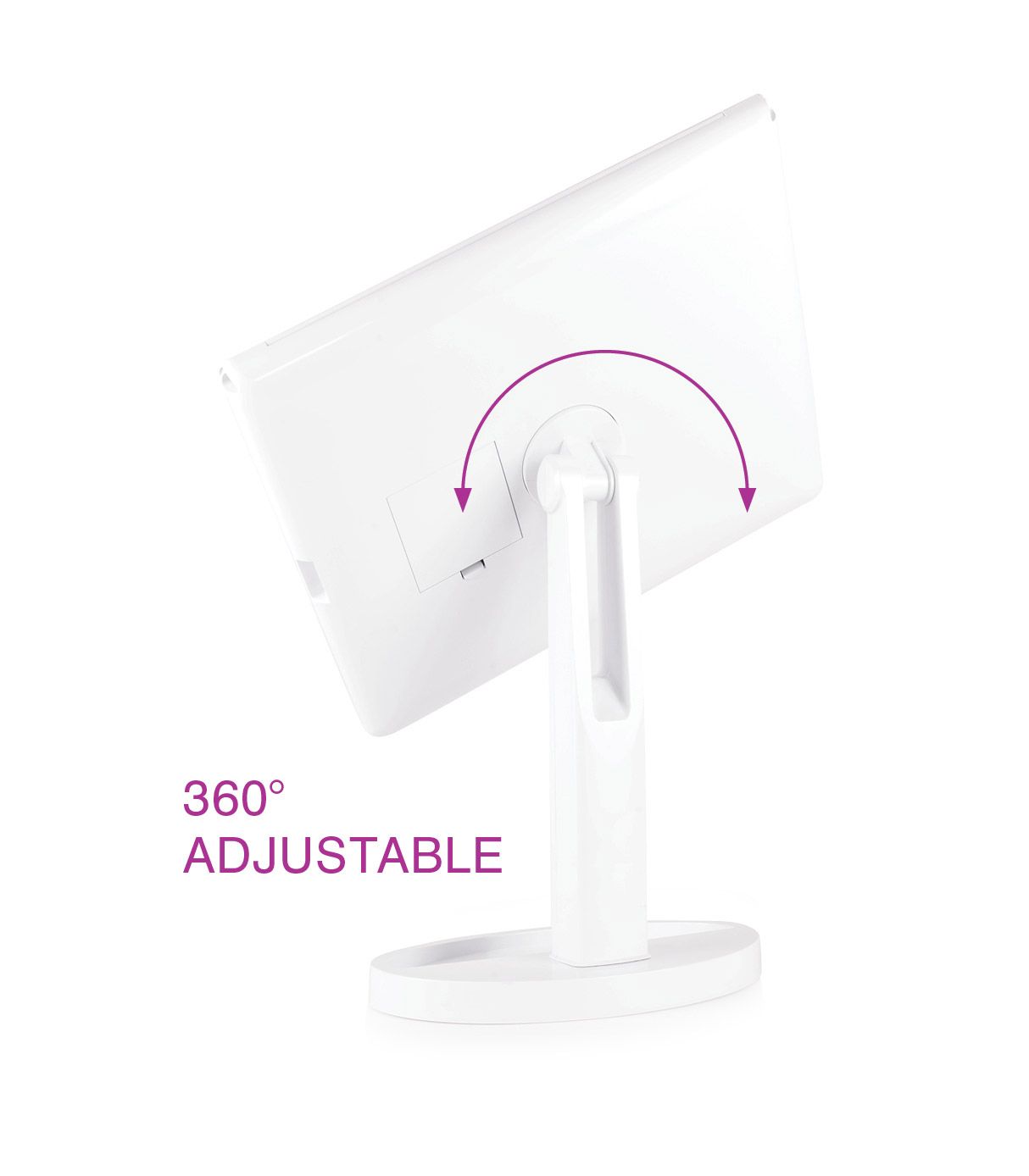 rear view of Full size LED make up mirror tilted with arrow to show 360 degree adjustable design 