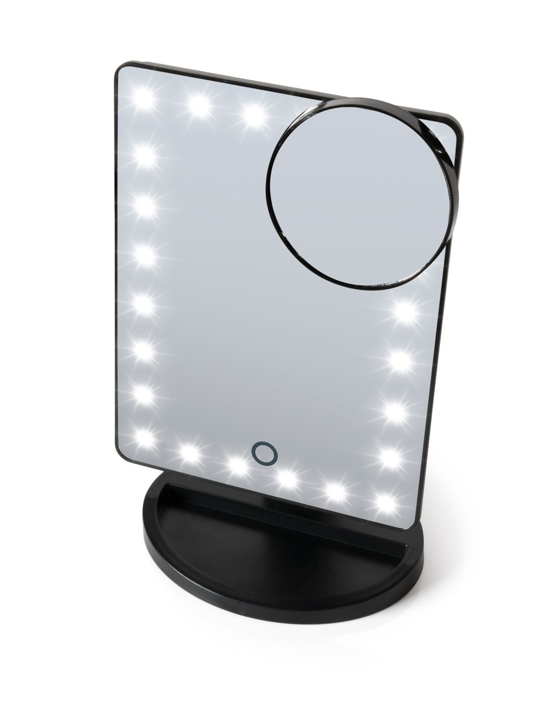 angled view of 24 LED touch dimmable make up mirror with LED light illuminated and compact 10x magnification mirror attached