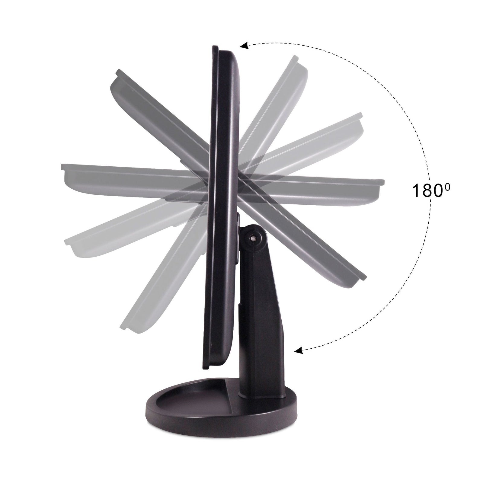24 LED touch dimmable make up mirror being tilted back and forth to show 180 degree swivel feature 