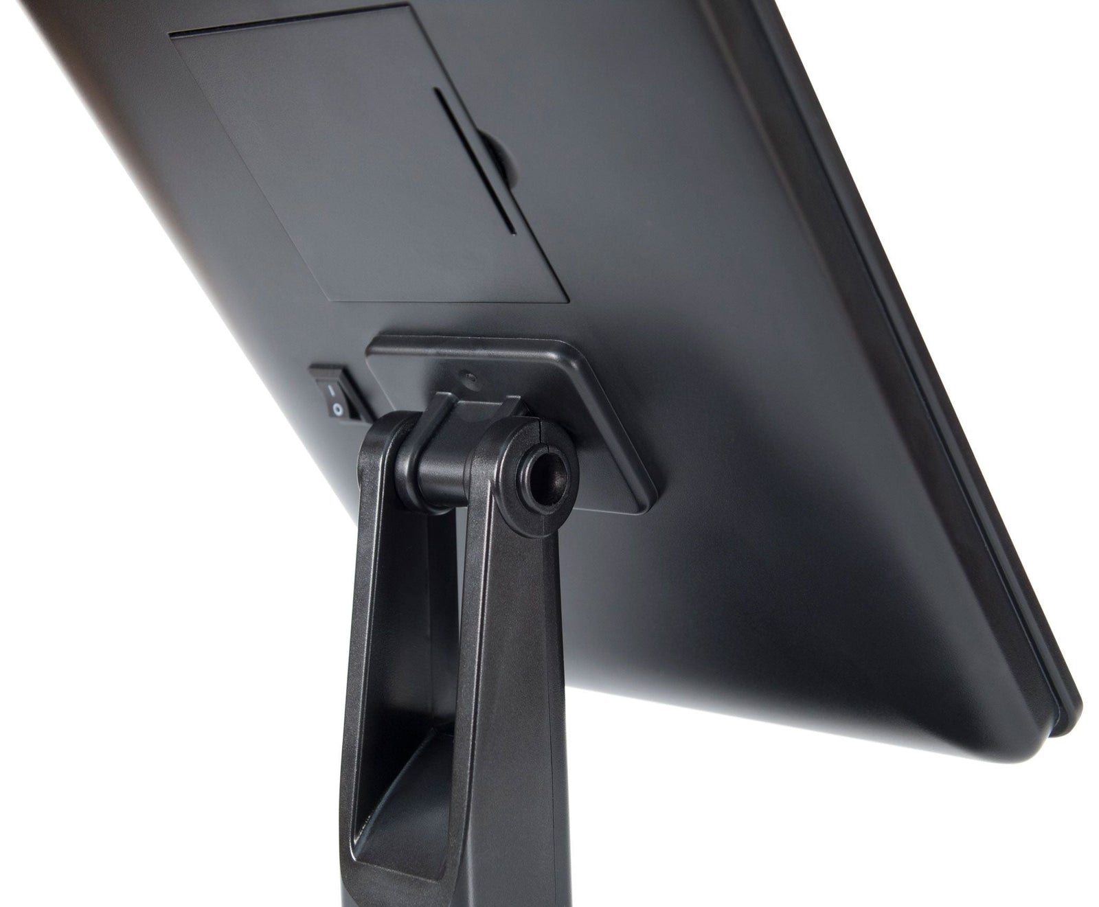 close up of back of mirror with 180 degree swivel function and on and off switch for 24 LED lights