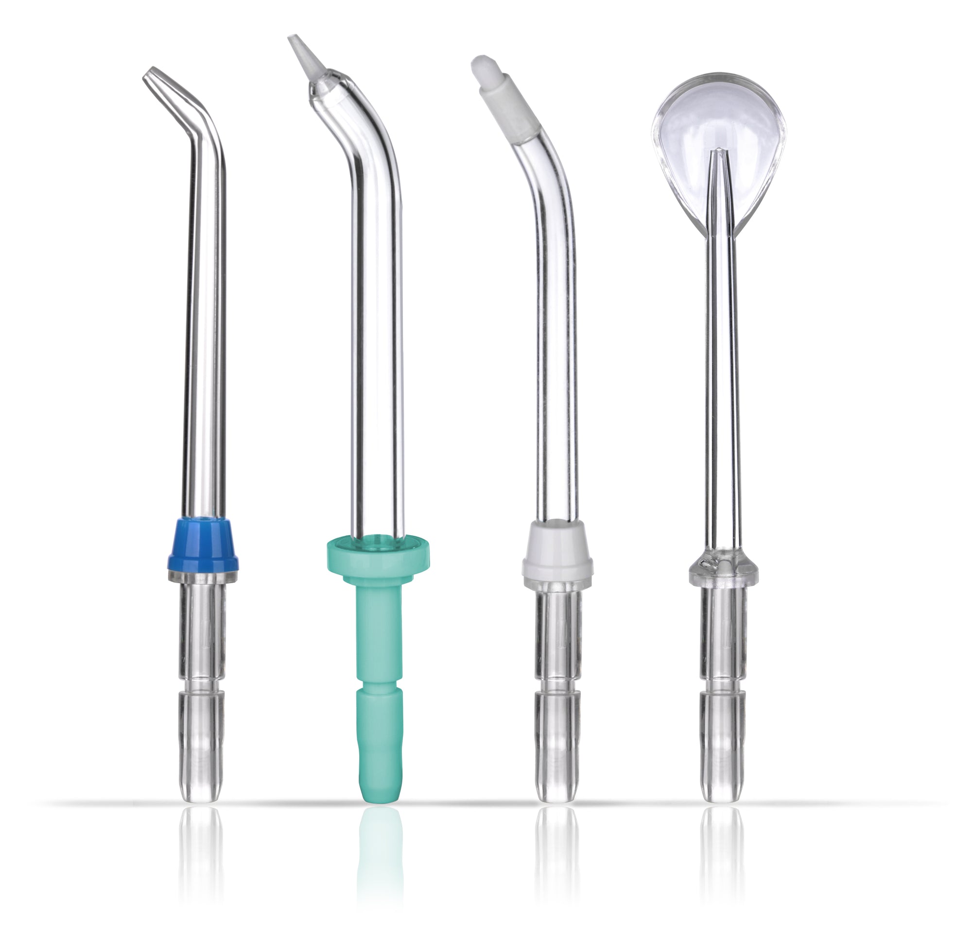 The Rio Professional Water Jet Flosser & Oral Irrigator Accessory Pack x4 displays four clear replacement tips, each with a unique nozzle shape and colored base for different dental cleaning needs, shown upright on a white background.