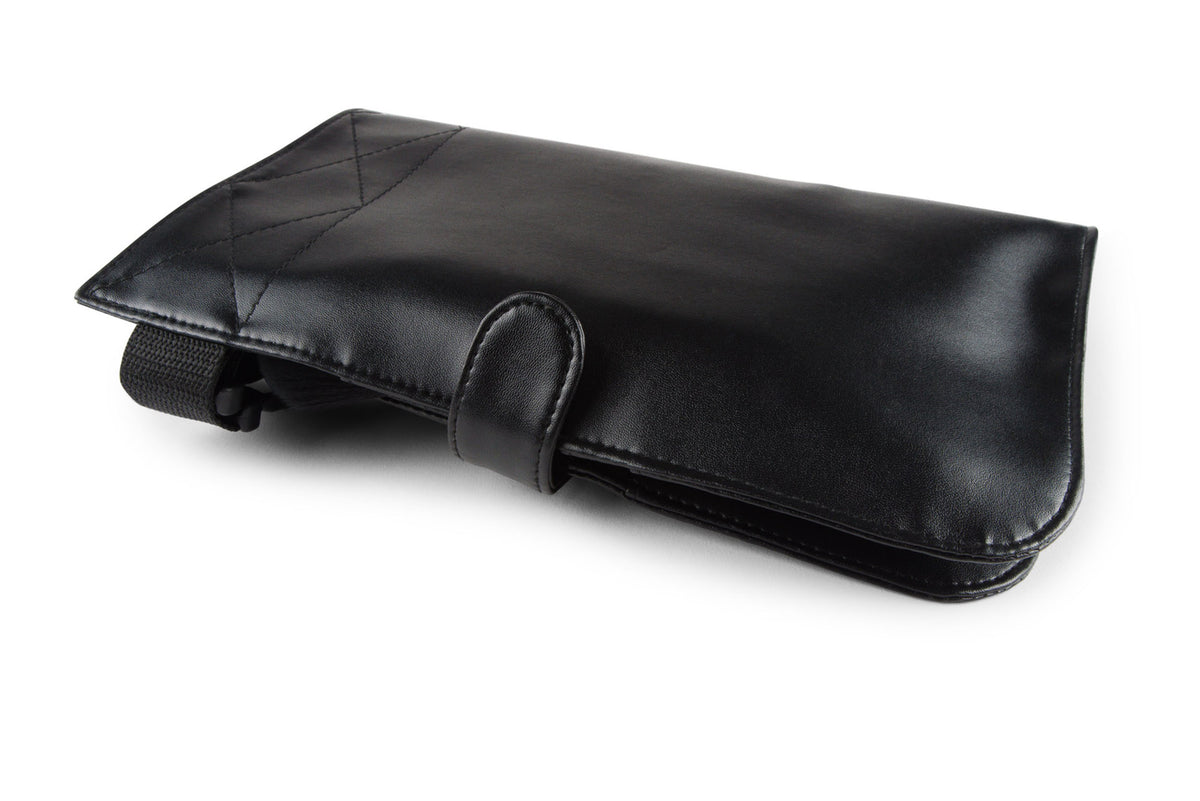 The Rio PROFESSIONAL SALON MAKEUP BRUSH COLLECTION & BELT, a black leather pouch with flap and snap closure for 24 brushes, is displayed flat on a white background.