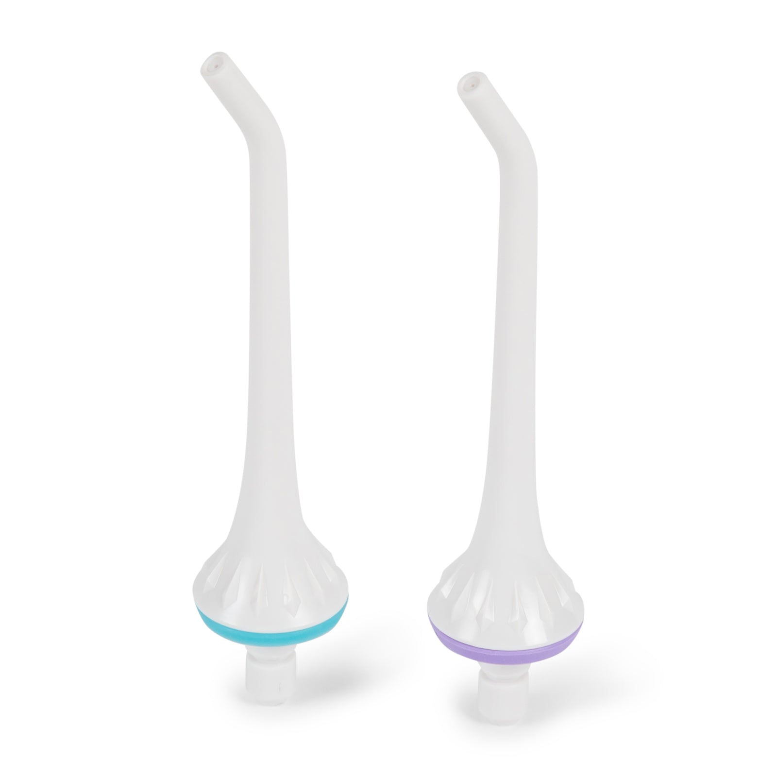 Two Rio Water Flosser Nozzles by Rio are upright, each with an angled tip. One has a blue base ring, the other a purple ring; both feature ridged grips near the base for easy handling.