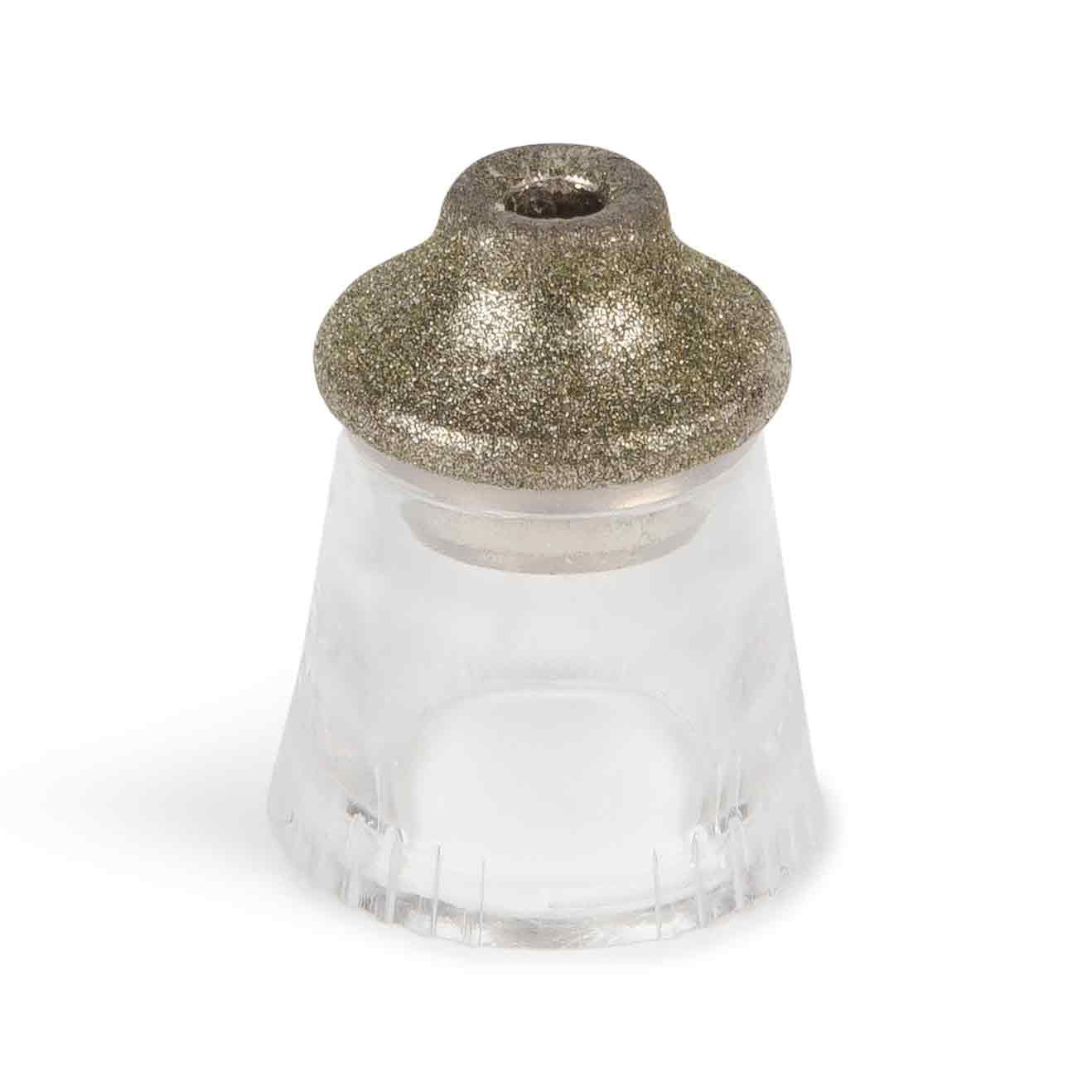 The Rio Skin Renew Small Diamond Coated Microdermabrasion Head is a clear, cone-shaped tool with a textured metallic top and central hole, designed for smoothing wrinkles and fine lines during skin renewal treatments.