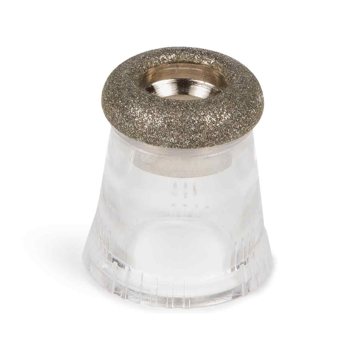 The Rio Skin Renew Large Diamond Coated Microdermabrasion Head is a clear, conical plastic piece with a wide base and metallic textured top ring, featuring a central hole to support skin renewal.