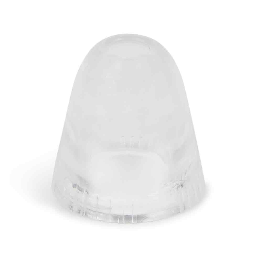 The Rio Skin Renew Vacuum Massage Head, a clear, cone-shaped plastic attachment, supports microcirculation and healthy lymphatic flow and is shown against a white background.