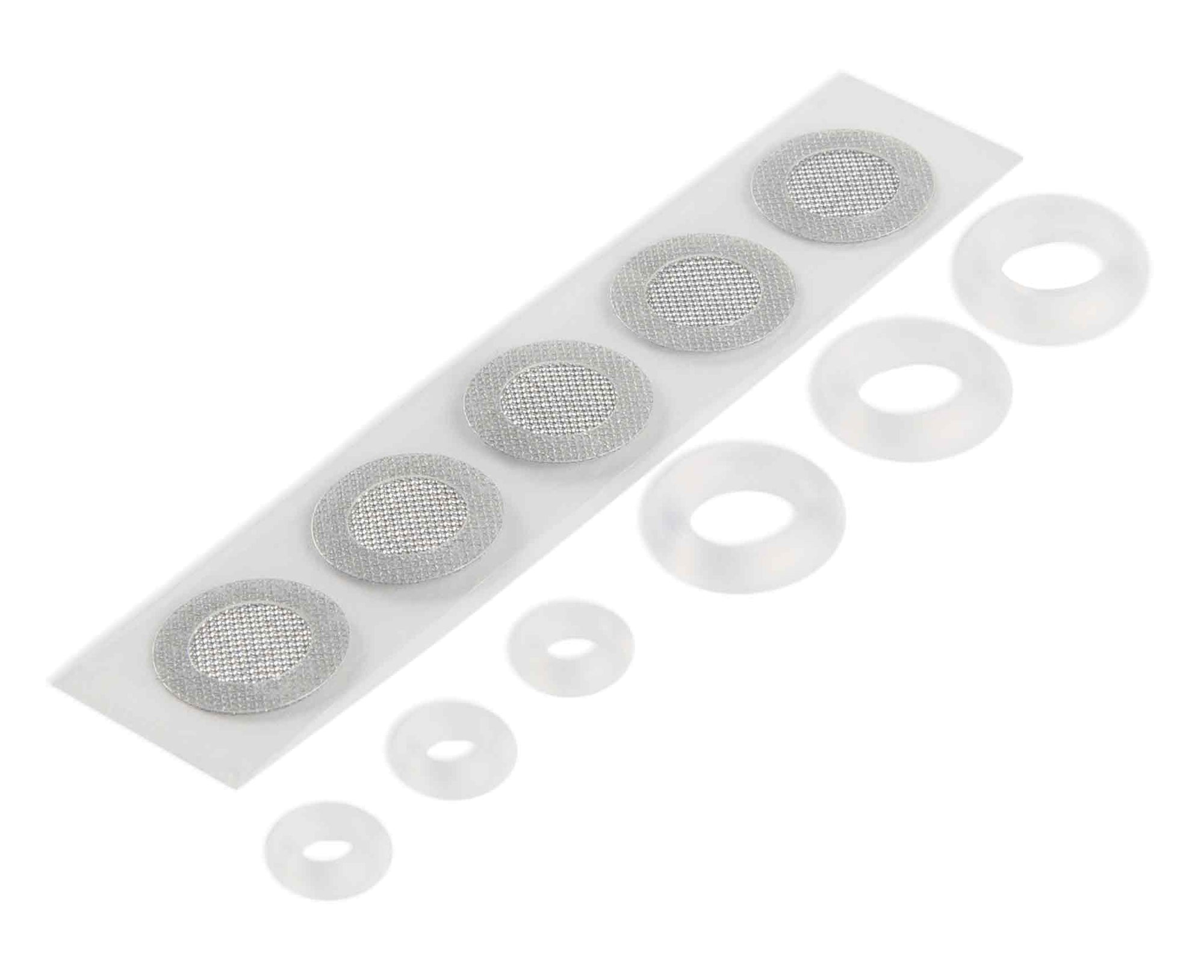 The Rio Skin Renew Replacement Filter Pack includes six round mesh filters on a strip and six clear O Rings, arranged in two rows on a white background—ideal replacements for your microdermabrasion tool.