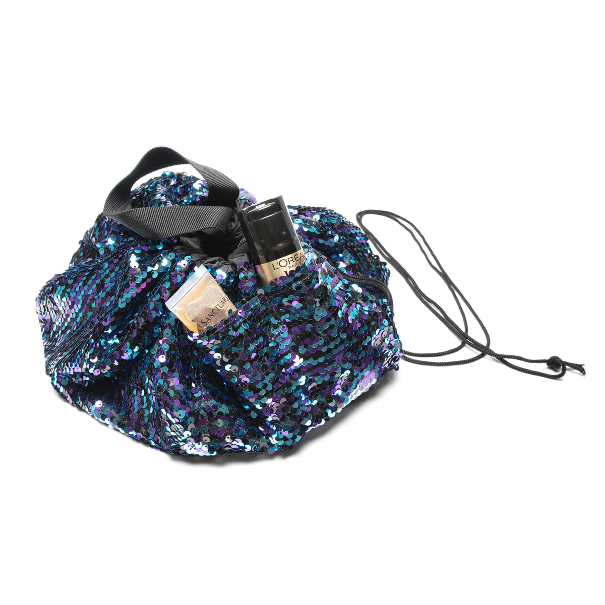 The Rio Pack-Pull-Go Beauty Essentials Bag in blue and purple sequins holds your makeup must-haves—ideal for travel with space for LOréal bottles and more, making on-the-go beauty easy and stylish.