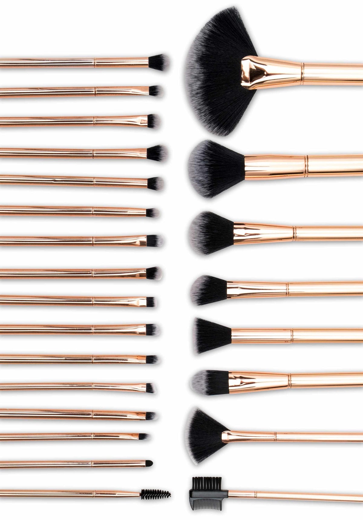 birdseye view of lush rose gold 24 piece make up brushes 