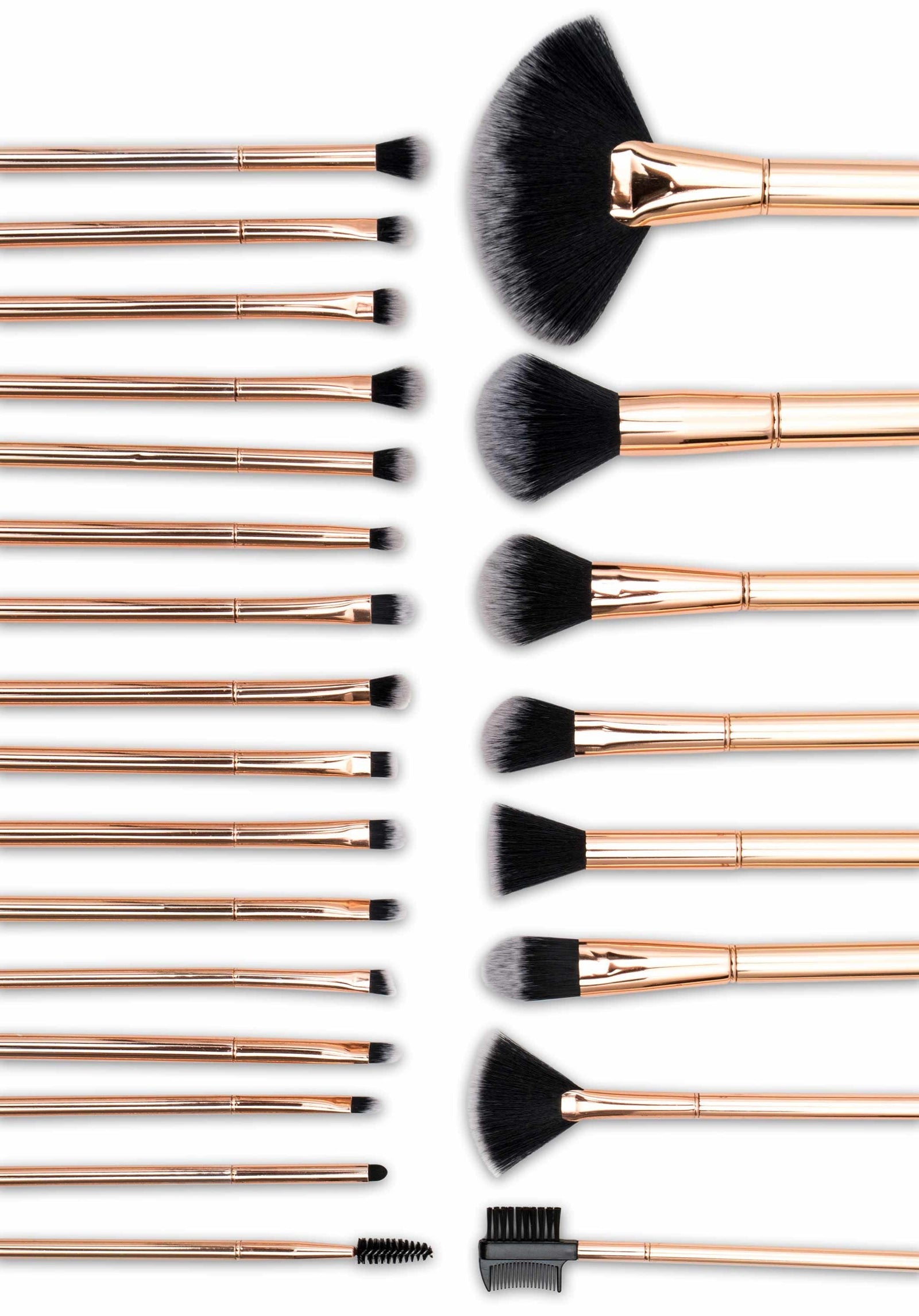 birdseye view of lush rose gold 24 piece make up brushes 