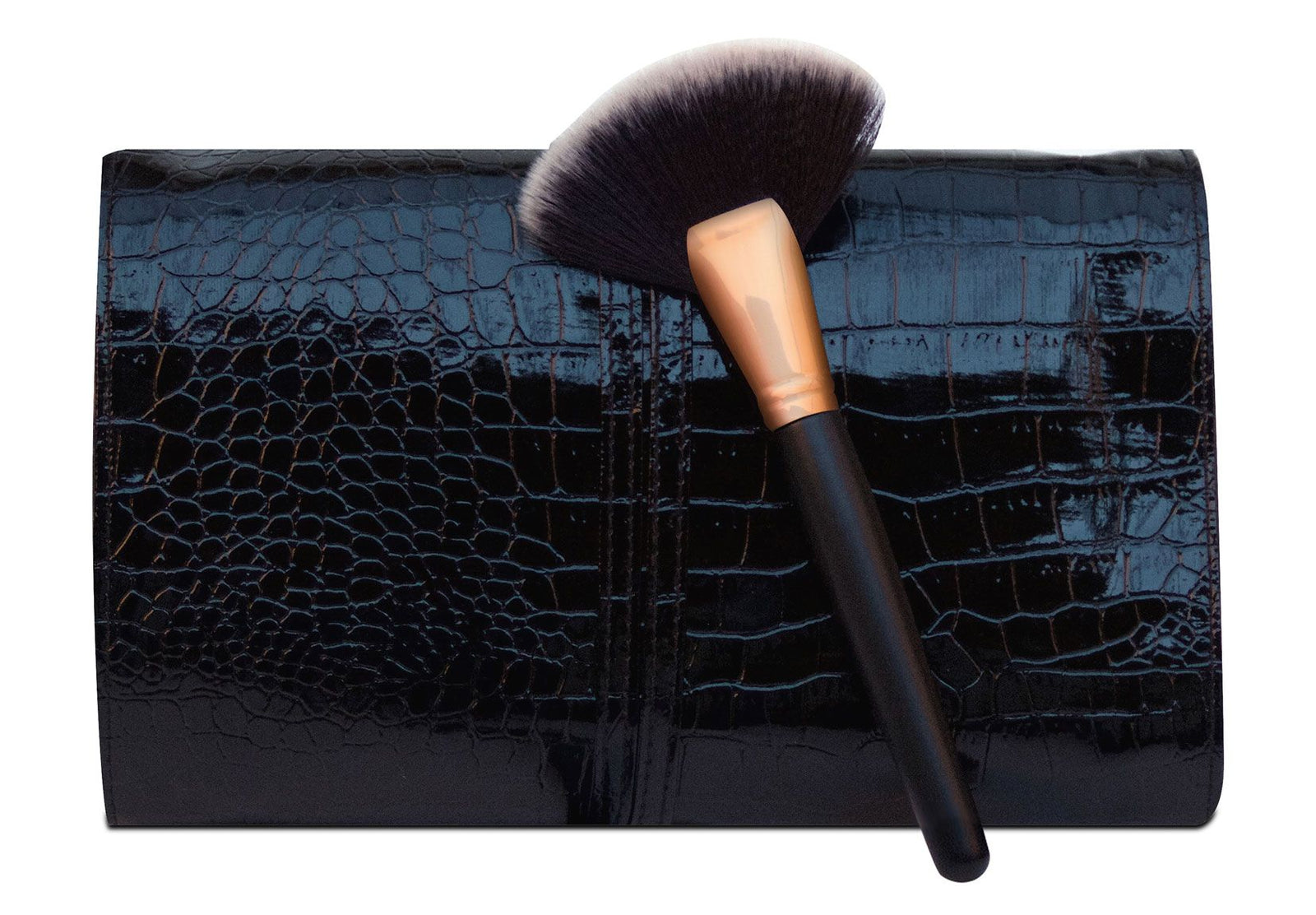 Large fan brush laid on top of luxury synthetic leather roll up travel pouch