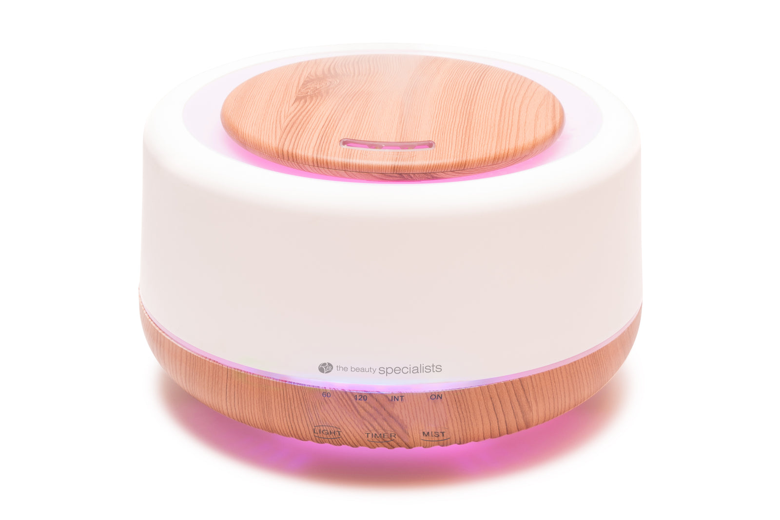 The Rio ALORA Aroma Diffuser, Humidifier & Night-Light features a round design with wood grain top and base, a white middle section, soft pink LED glow, and buttons with labels on the lower front.