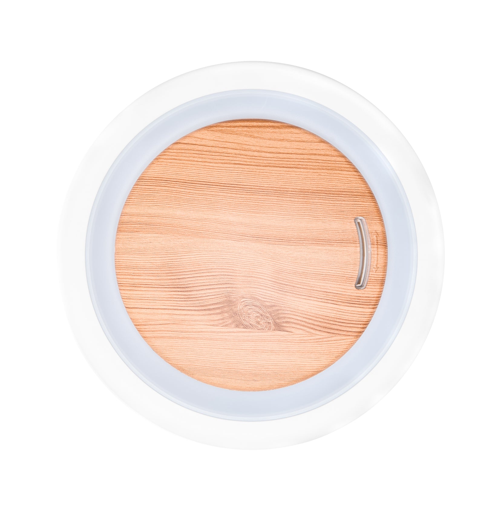 The Rio ALORA Aroma Diffuser, Humidifier & Night-Light features a round design with light wood grain, a white circular border, and a small silver handle—resembling an elegant tray—shown from above against a white background.