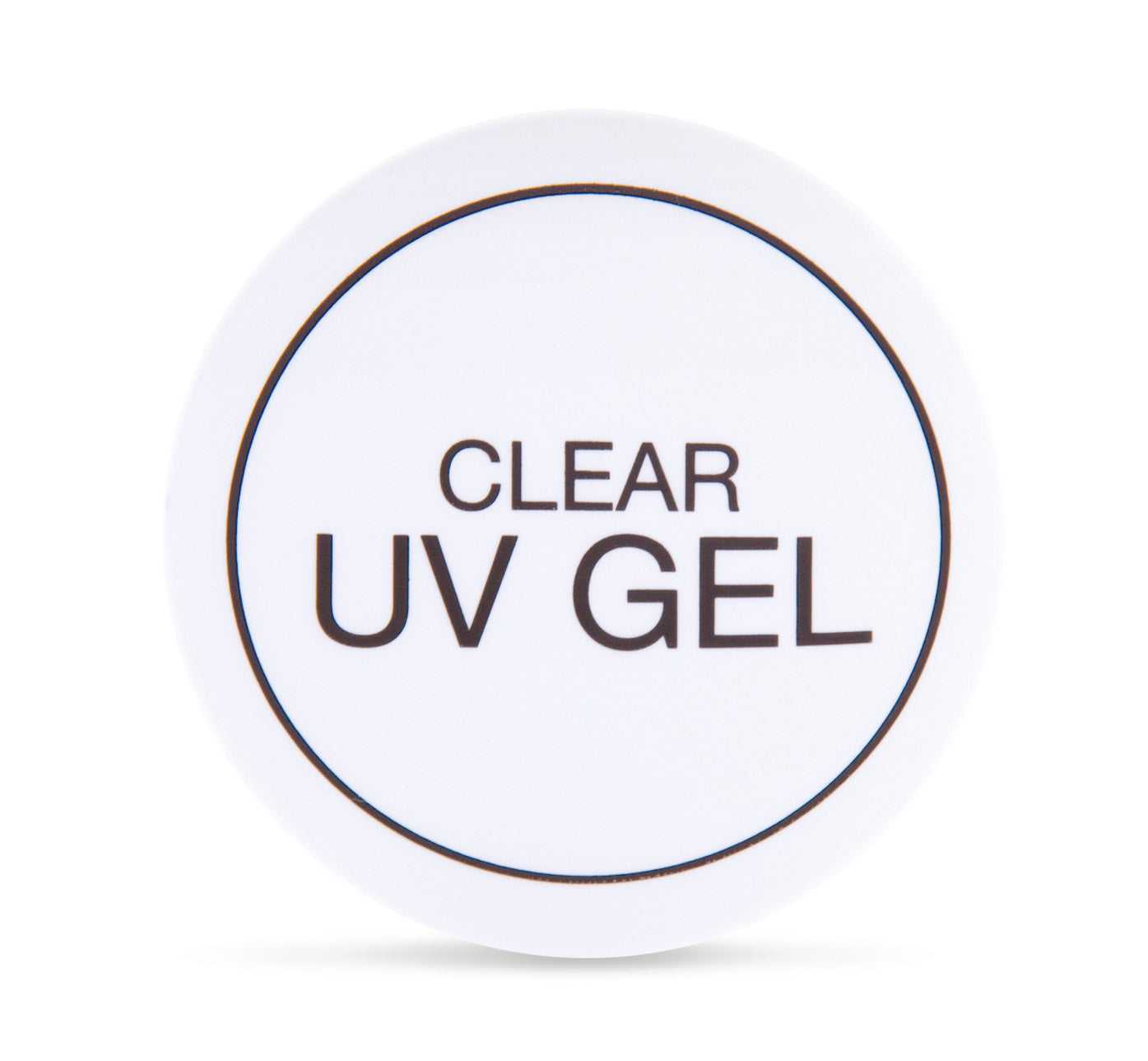 A white round container lid from Rio with UV Clear Nail Gel printed in bold black letters inside a thin black circle.
