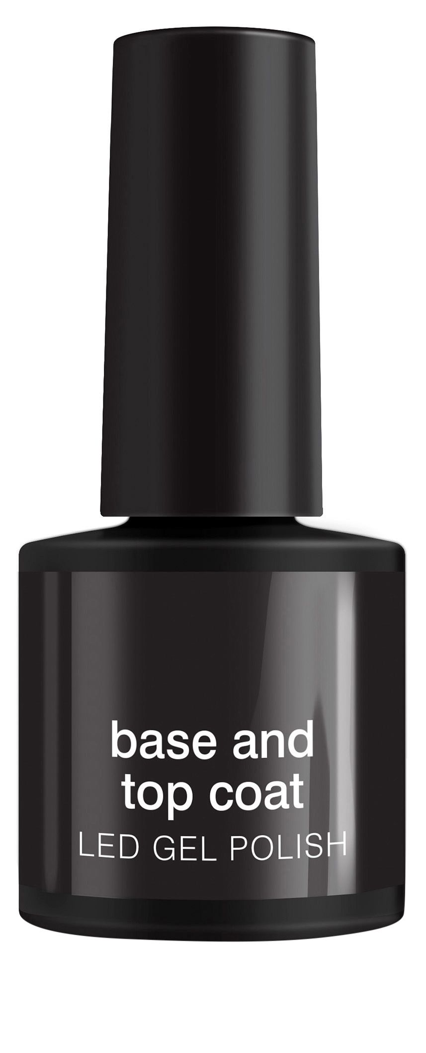 A glossy black bottle of Rio LED Gel Polish Base and Top Coat with white labeling and a tall cap, perfect for creating durable gel nails.
