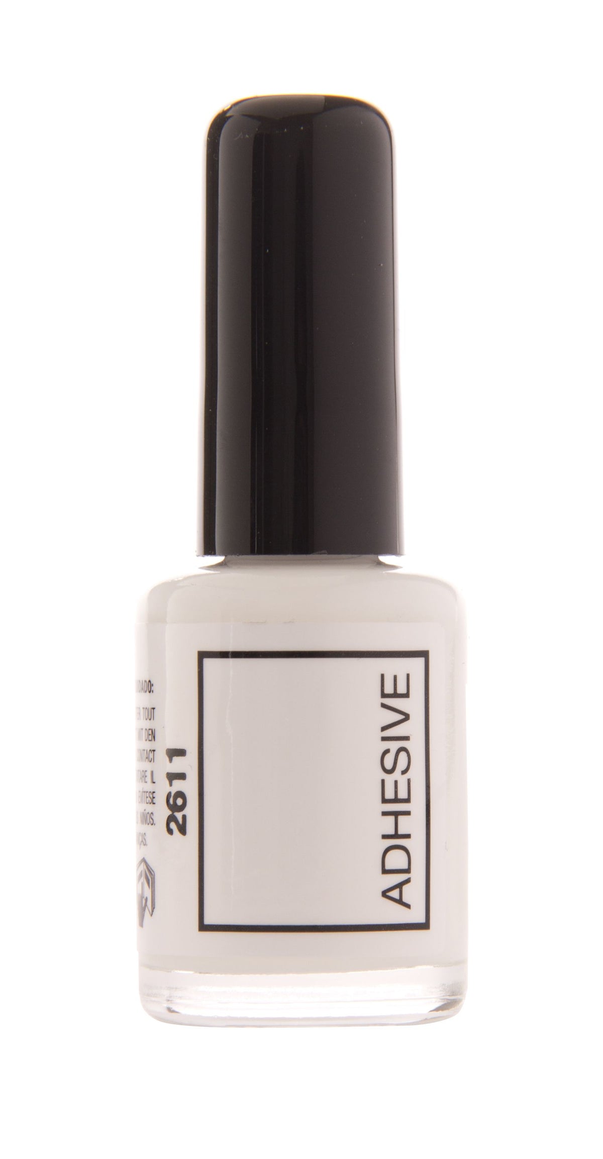 A small clear bottle with a black cap, labeled Nail Foil Adhesive in black by Rio. It contains white nail art glue and features a plain, minimalistic design.