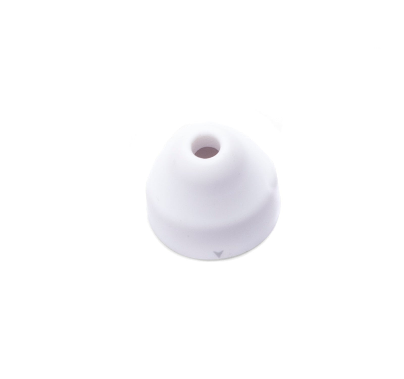 The Rio Pore Perfection Small Round Treatment Head is a white, cone-shaped plastic attachment with a central hole, designed for precise application to hard-to-reach areas like the nose, shown against a white background.