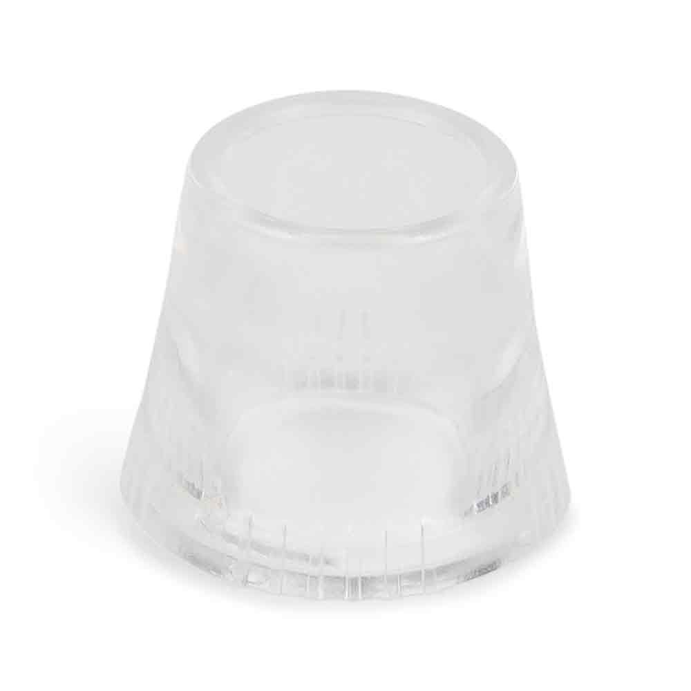 A clear, cylindrical plastic cap with a wider base from Rio, designed for the Skin Renew Spot Removal Head—perfect for storing tools that help target blackheads and sebum plugs.